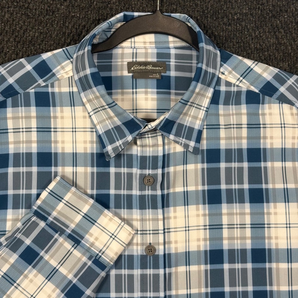 Eddie Bauer Performance Tech Shirt Mens L Blue Plaid Long Sleeve Stretch